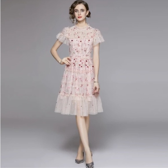 La Pateau Overlays Flower Embroidery Dress - Picture 1 of 9